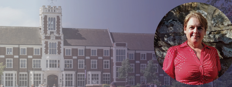 Portrait of Angela, the OnCampus Loughborough Centre Director, with Loughborough University in the background